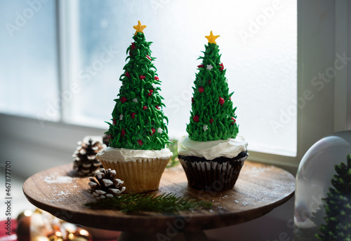 Two Christmas tree cupcakes