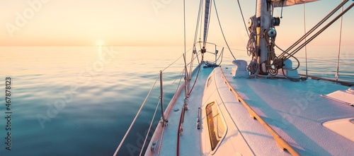 White yacht sailing in a still water at sunset. A view from the deck to the bow, mast, sails. Stunning cloudscape. Reflections on water. Baltic sea. Lifestyle, cruise, regatta, sport, recreation
