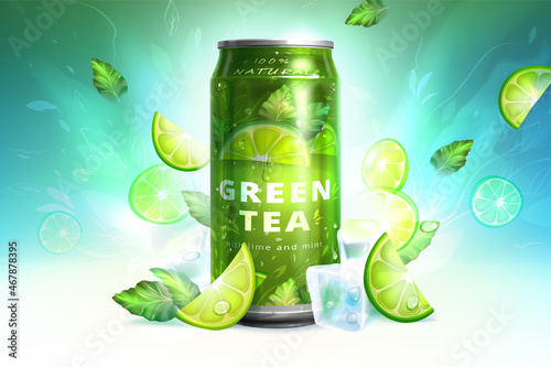 Realistic aluminium can with ice tea drink on refreshing background. Metal bottle with soft beverage with ice cubes, lemon pieces and green leaves around. Banner design template for advertising.