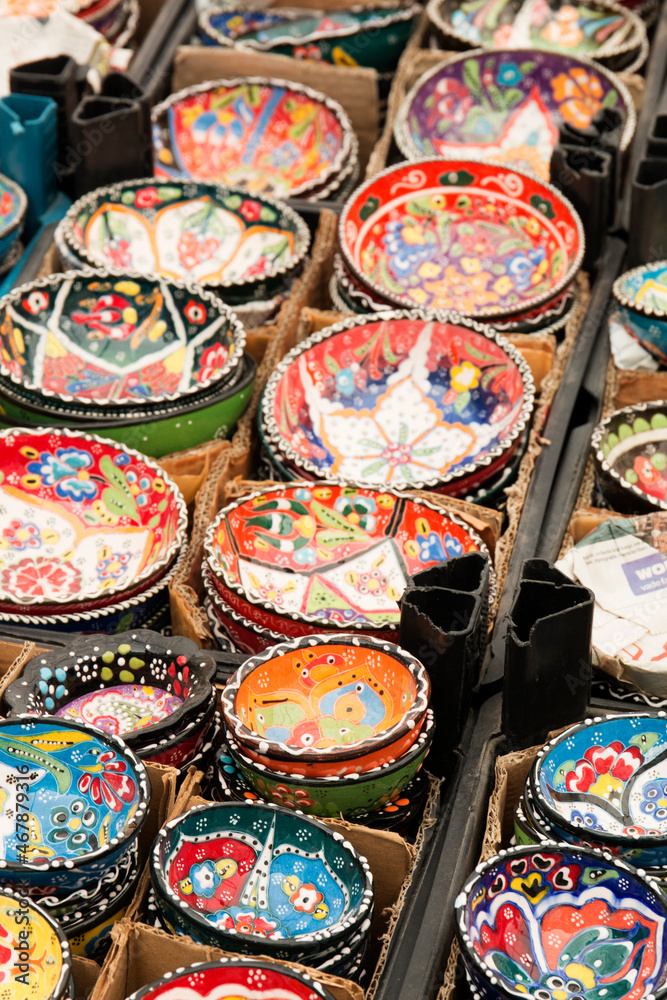 Plates painted with national ornament. Turkish dishes.