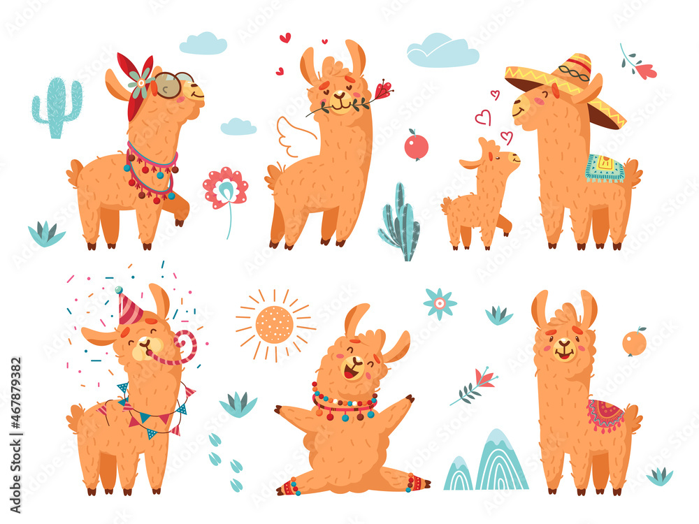 Cute llama. Alpaca characters, wool cartoon animals with flowers. Baby lama with mother, funny birthday fluffy wild alpacas, classy vector collection