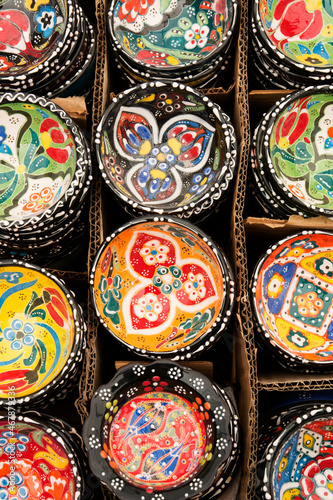 Plates painted with national ornament. Turkish dishes.
