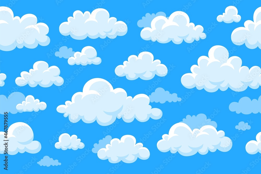 Clouds on sky seamless pattern. Cloud flying in heaven, kids print or wallpaper. Cloudy texture, spring summer weather garish vector background Clouds on sky seamless pattern. Cloud flying in heaven, kids print or wallpaper. Cloudy texture, spring summer weather garish vector background