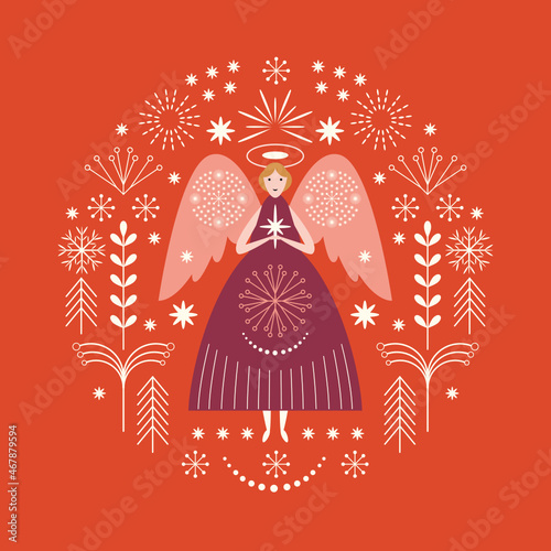 Christmas card. Flying Christmas angel