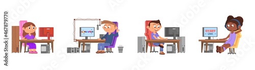 Cyber sport gamers. Children on computer, online play or study. Distance learning, kids using devices. Internet addiction decent vector characters