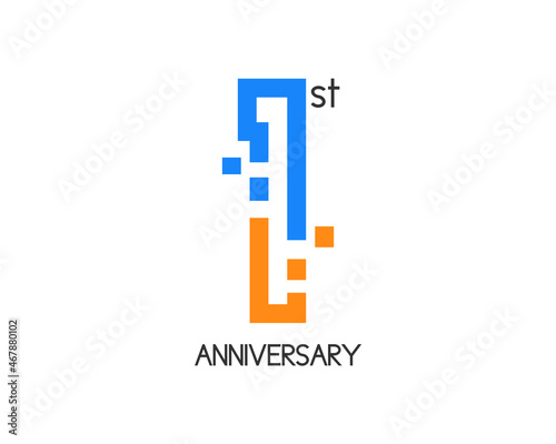 1 year anniversary logo design with digital concept and pixel icon