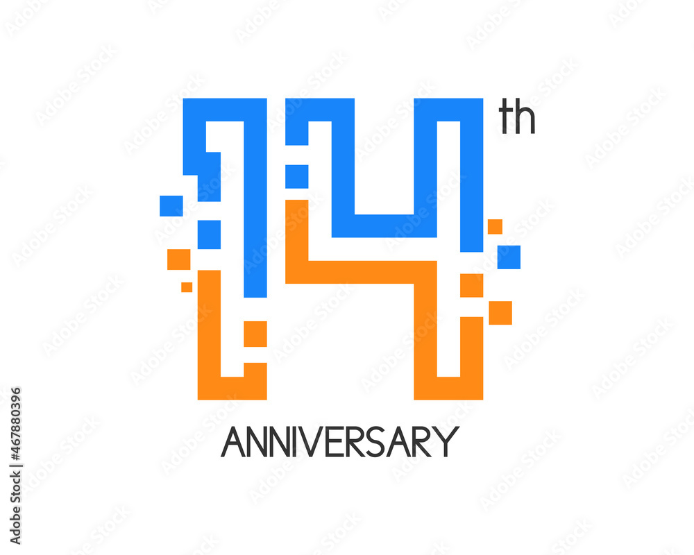 Obraz premium 14 years anniversary logo design with digital concept and pixel icon