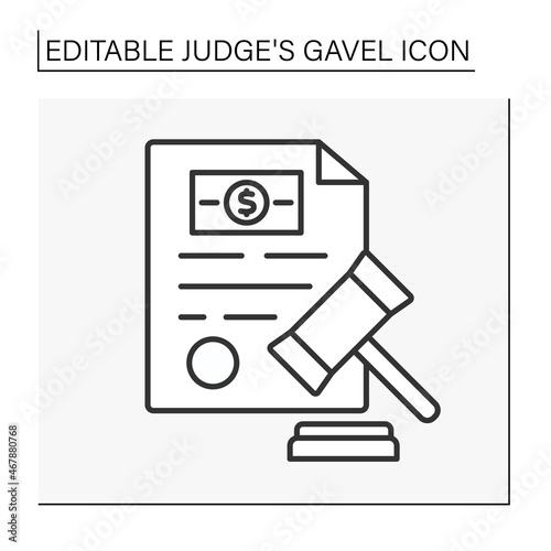 Document line icon. Court. Rights on money. Judge gavel concept. Isolate vector illustration. Editable stroke