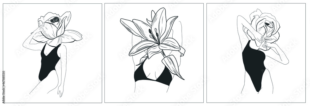Set with woman body with flower. Hand drawing woman in underwear. Floral elements. Beautiful style. Abstract linear spiritual artwork. Design for poster. 