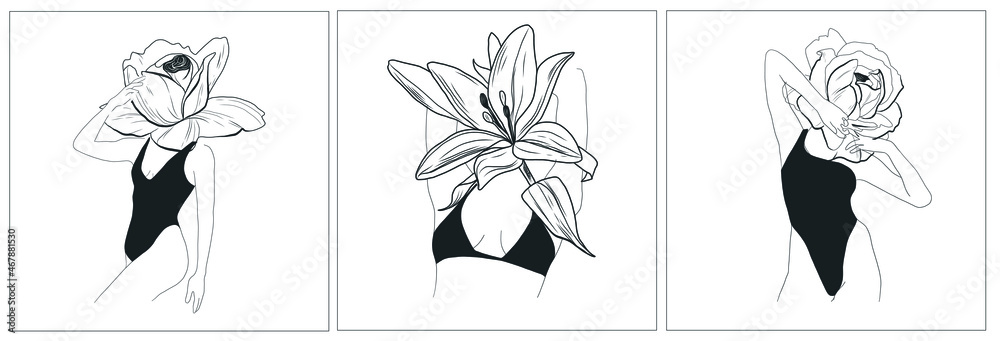 Naklejka premium Set with woman body with flower. Hand drawing woman in underwear. Floral elements. Beautiful style. Abstract linear spiritual artwork. Design for poster.