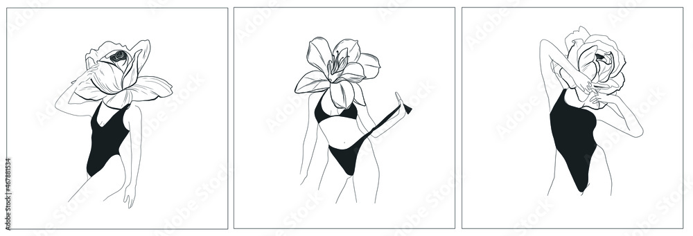 Set with woman body with flower. Hand drawing woman in underwear. Floral elements. Beautiful style. Abstract linear spiritual artwork. Design for poster. Set with woman body with flower. Hand drawing woman in underwear. Floral elements. Beautiful style. Abstract linear spiritual artwork. Design for poster.