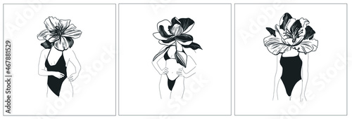Set with woman body with flower. Hand drawing woman in underwear. Floral elements. Beautiful style. Abstract linear spiritual artwork. Design for poster. 
