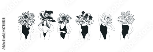 Abstract Minimalistic Woman Figure With Flowers. Fashion Sensual Vector Illustration Of Female Body In Trendy Linear Style. Design for t-shirts print, poster, tattoo, logo. 