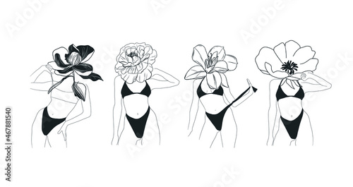 Abstract Minimalistic Woman Figure With Flowers. Fashion Sensual Vector Illustration Of Female Body In Trendy Linear Style. Design for t-shirts print, poster, tattoo, logo. 