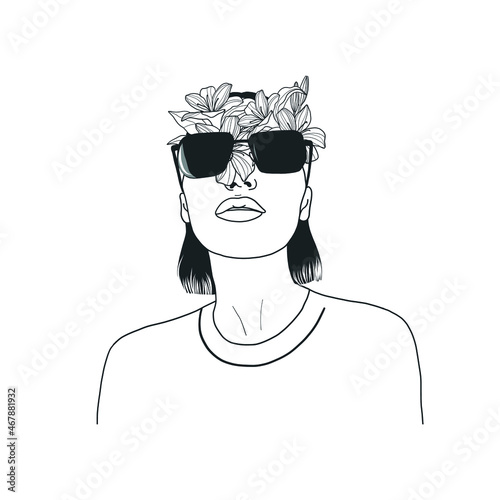 Hand drawn portrait of a woman with flowers in her head. Magic art. Surrealism. 