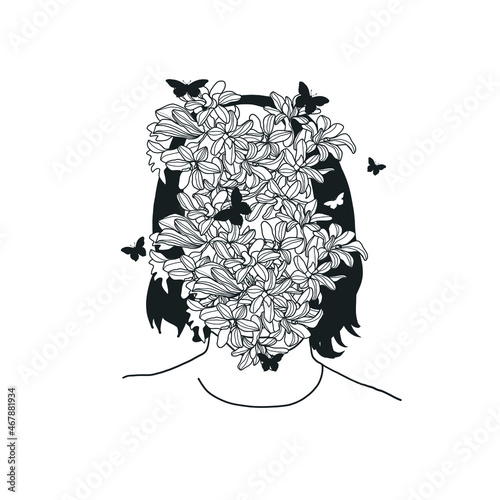 Hand drawn portrait of a woman with flowers in her head. Magic art. Surrealism. 