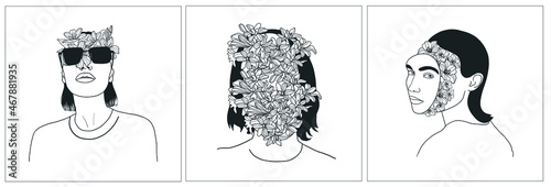 Hand drawn portrait of a woman with flowers in her head. Magic art. Surrealism. 