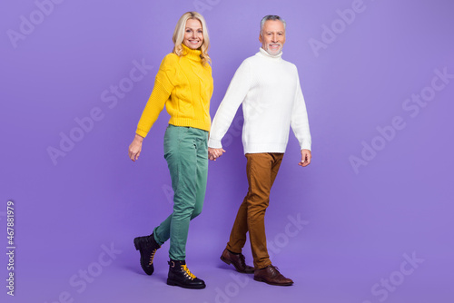 Photo of adorable excited mature wife husband wear knitted pullovers smiling walking holding arms isolated purple color background