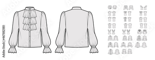 Set of flared shirts, blouses technical fashion illustration with bow, tiered, frilled details, fitted oversized body. Flat tops apparel template front, back, grey color. Women, men unisex CAD mockup