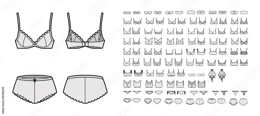 Bra lingerie technical fashion illustration with full adjustable shoulder straps, molded cups, hook-and-eye closure. Flat brassiere front, back white color style. Women men unisex underwear CAD mockup - obrazy, fototapety, plakaty 