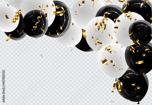 Balloon border with shiny gold glitter and star confetti isolated on transparent background. Vector realistic golden festive 3d helium baloons banner for anniversary, birthday party design