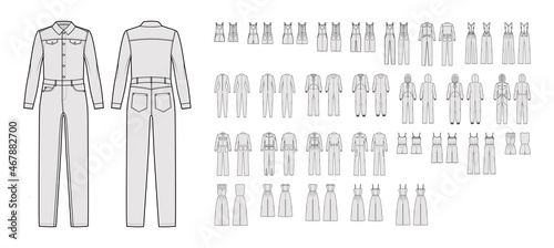 Set of jumpsuits overall technical fashion illustration with mini midi knee ankle length, long sleeves, straps, strapless, hoody. Flat front, back, grey color style. Women, men, unisex CAD mockup photo