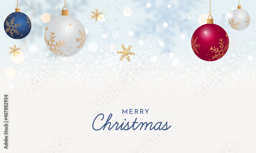 Merry Christmas Concept With 3D Baubles Hang And Golden Snowflakes On White Bokeh Background.