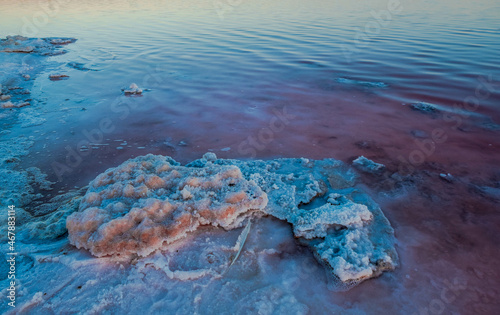 The Salinas of Torrevieja at sunset, a lagoon that produces salt by evaporation and is pink in color due to the microorganisms that inhabit it