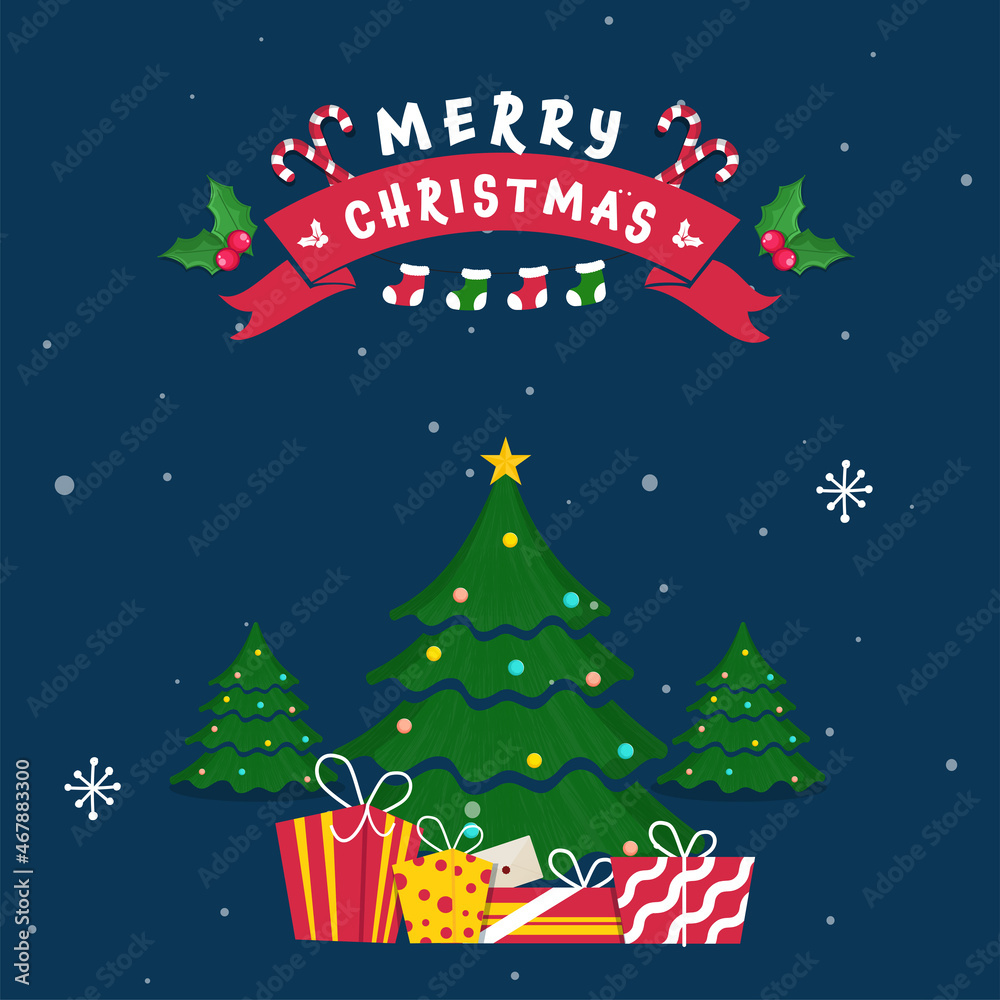 Merry Christmas Poster Design With Decorative Xmas Trees, Gift Boxes, Candy Canes On Blue Snowfall Background.