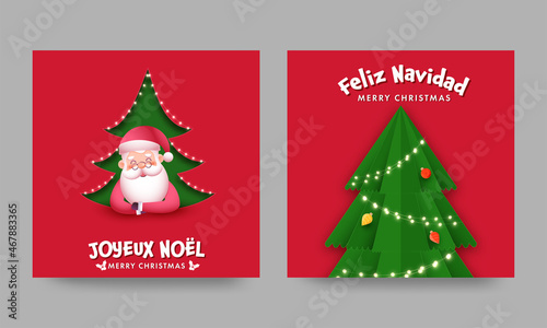 Merry Christmas Social Media Posts With Cute Santa Claus And Decorative Xmas Tree In Two Options.