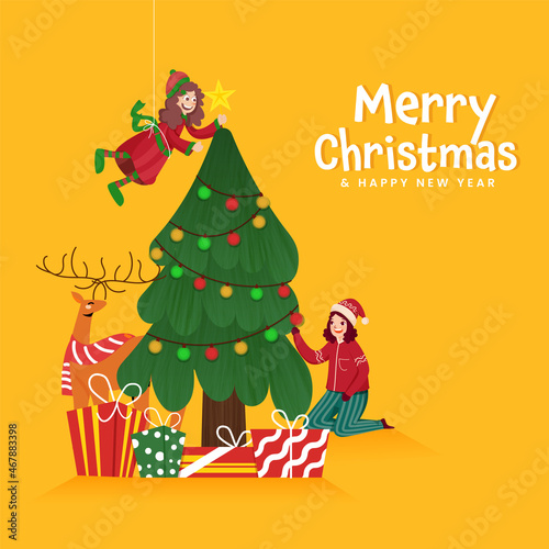 Merry Christmas And New Year Poster Design With Cheerful Girls Decorated Xmas Tree, Reindeer And Gift Boxes On Yellow Background.