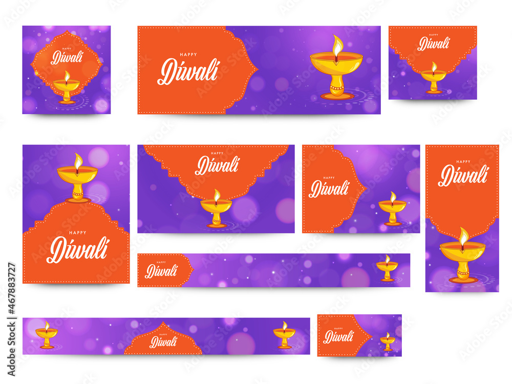 Happy Diwali Social Media Template Collection With Lit Oil Lamps (Diya) In Purple And Orange Color.