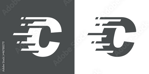 Símbolo rapidez. Logotipo con letra inicial C con líneas de velocidad en fondo gris y fondo blanco