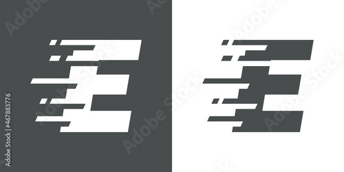 Símbolo rapidez. Logotipo con letra inicial E con líneas de velocidad en fondo gris y fondo blanco