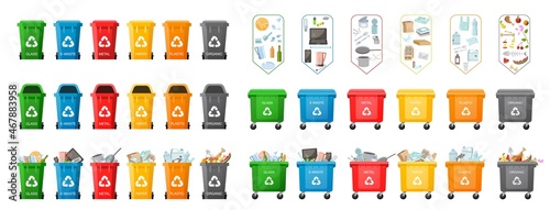 Garbage bins. Big Set of plastic containers for garbage of different types. Waste management concept. Types of Waste: Organic, Plastic, Metal, Paper, Glass, E-waste. Separation of waste on cans Vector
