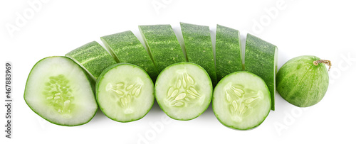 Sliced of cucumber isolated on white background. Top view