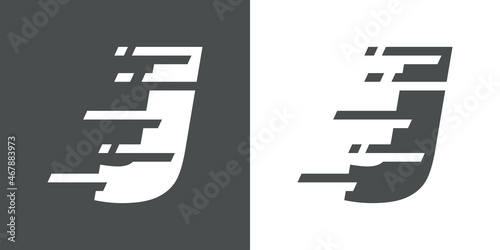 Símbolo rapidez. Logotipo con letra inicial J con líneas de velocidad en fondo gris y fondo blanco