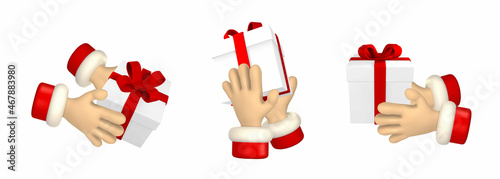 Cartoon character hand with gift boxex. 3d render santa hands. Vector illustration
