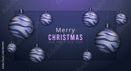 Christmas balls with a tiger skin pattern on the background of a frame with text. Vector template for banners  postcards  posters. 3D vector illustration.