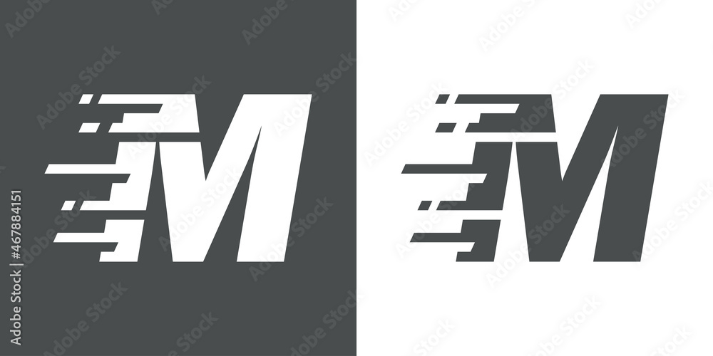 Obraz premium Símbolo rapidez. Logotipo con letra inicial M con líneas de velocidad en fondo gris y fondo blanco
