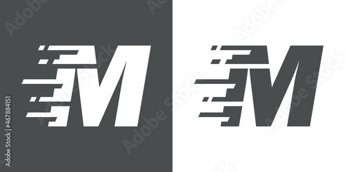 Símbolo rapidez. Logotipo con letra inicial M con líneas de velocidad en fondo gris y fondo blanco
