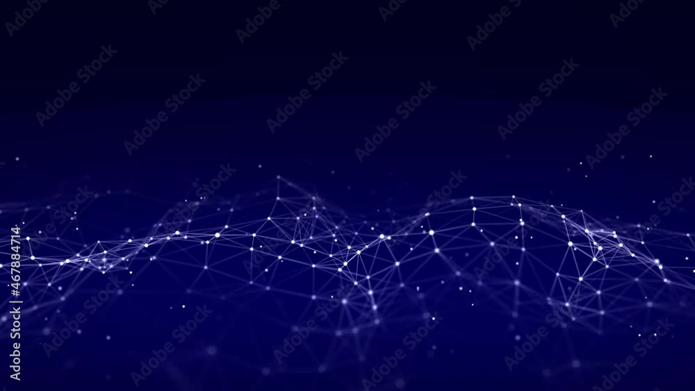 Abstract technology wave of particles. Big data visualization. Dark background with motion dots and lines. Artificial intelligence. 3d rendering.