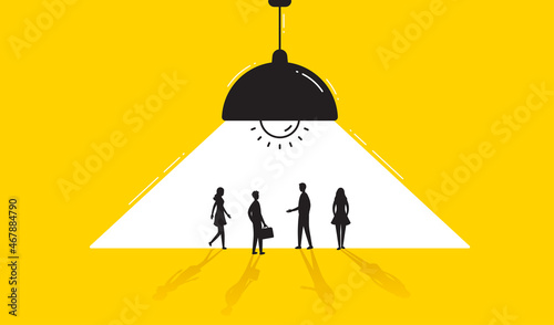 Secret business team meeting. People silhouettes under ceiling lamp light. Private conversation or talk. Business secret negotiations under the light of lamp. Confidential private talk. Minimal vector