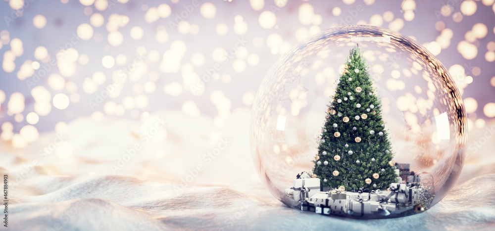 Christmas tree in glass ball on snow. - obrazy, fototapety, plakaty 