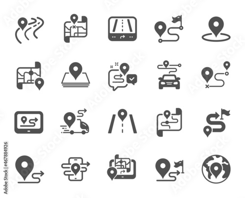 Road map icons. Journey path, Route map and Trip distance. GPS street pin, Car route and Distance flag icons. Road trip, highway traffic and journey travel map. Navigation target pointer. Vector