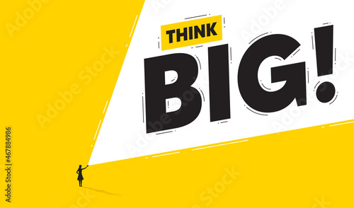Think big motivational abstract poster. Businesswoman shines a flashlight. Vision, ideas, motivation. Creative concept of Think big opportunity. Idea in light vision. Minimal black silhouette. Vector photo