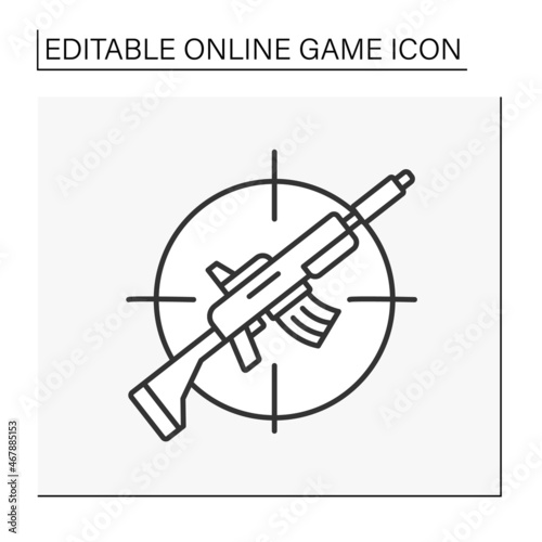  Shooting game line icon. Computer entertainment with guns.Firing weapons at targets. Online game concept. Isolated vector illustration.Editable stroke