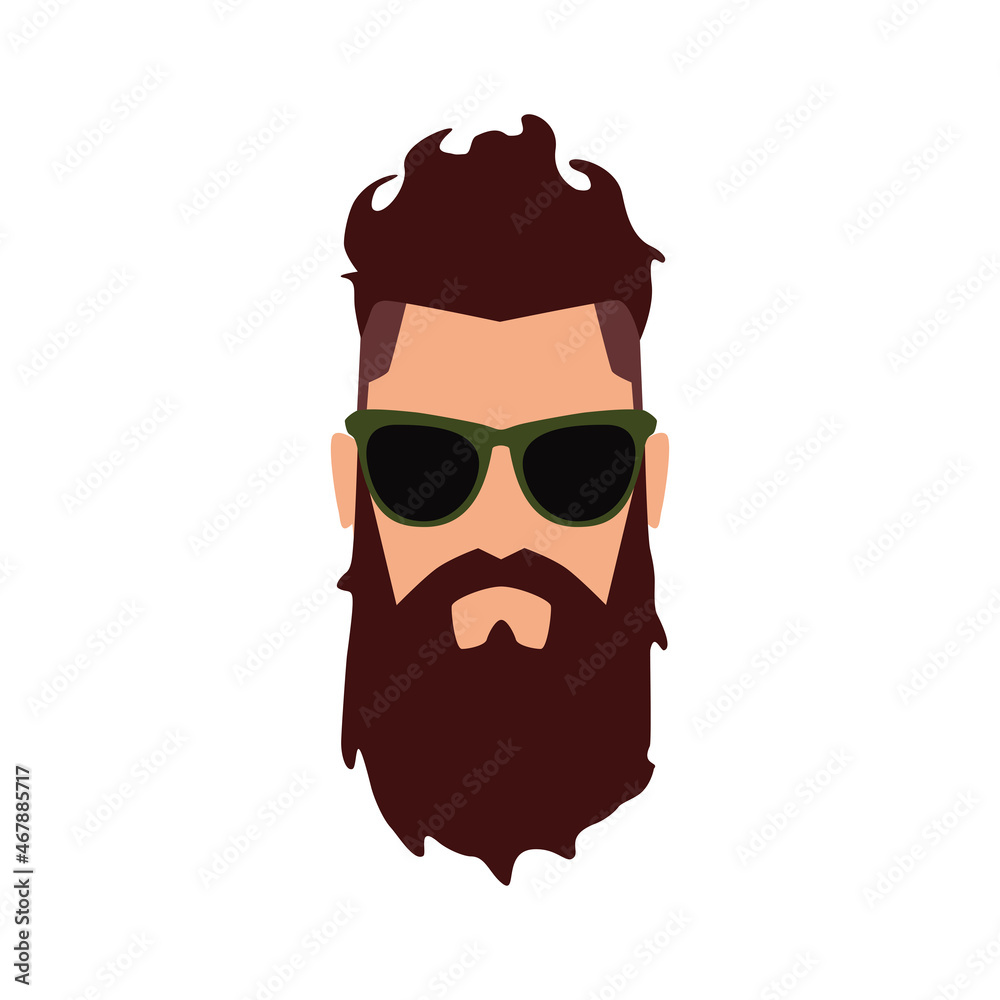 Hipster icon. The head of a brutal man with red hair and beard wearing sunglasses in a green frame. Vector illustration isolated on a white background for design and web. Hipster icon. The head of a brutal man with red hair and beard wearing sunglasses in a green frame. Vector illustration isolated on a white background for design and web.