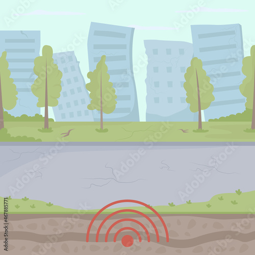 Earthquake event in city flat color vector illustration. Urban seismic hazard. Ground surface deformation. Extremely dangerous situation 2D cartoon cityscape with shaking buildings on background