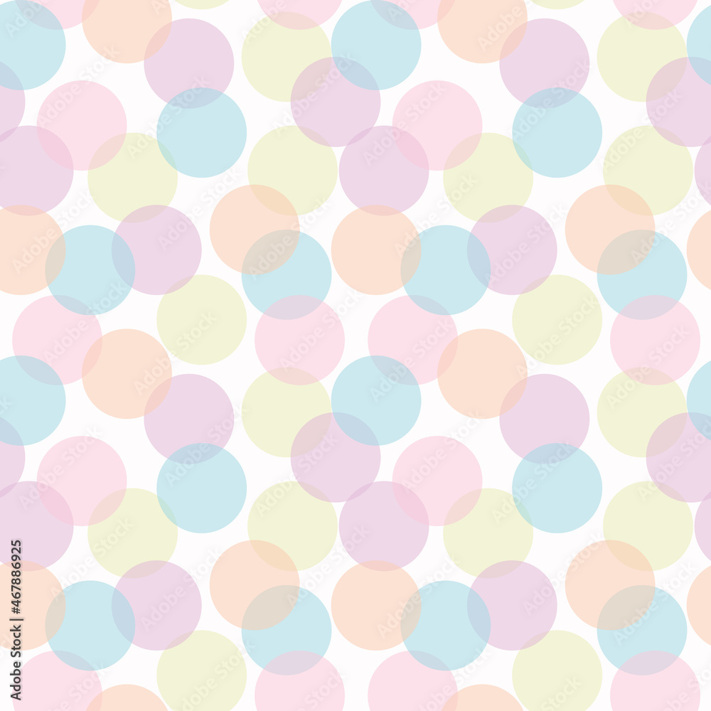 Large pastel confetti seamless vector pattern. Bold, polka dot spots in soft, light rainbow colors on a white background. Subtle, neutral, colorful, fun repeat backdrop, surface texture print. 